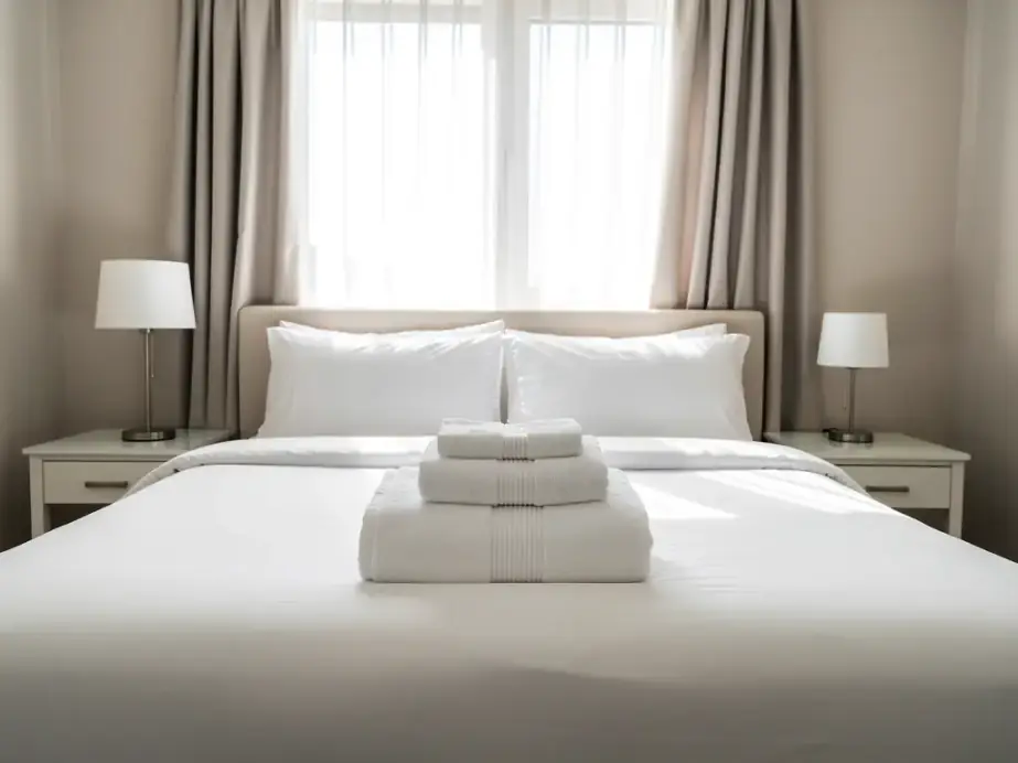 A short-term rental bedroom made up with fresh white bedding and folded towels