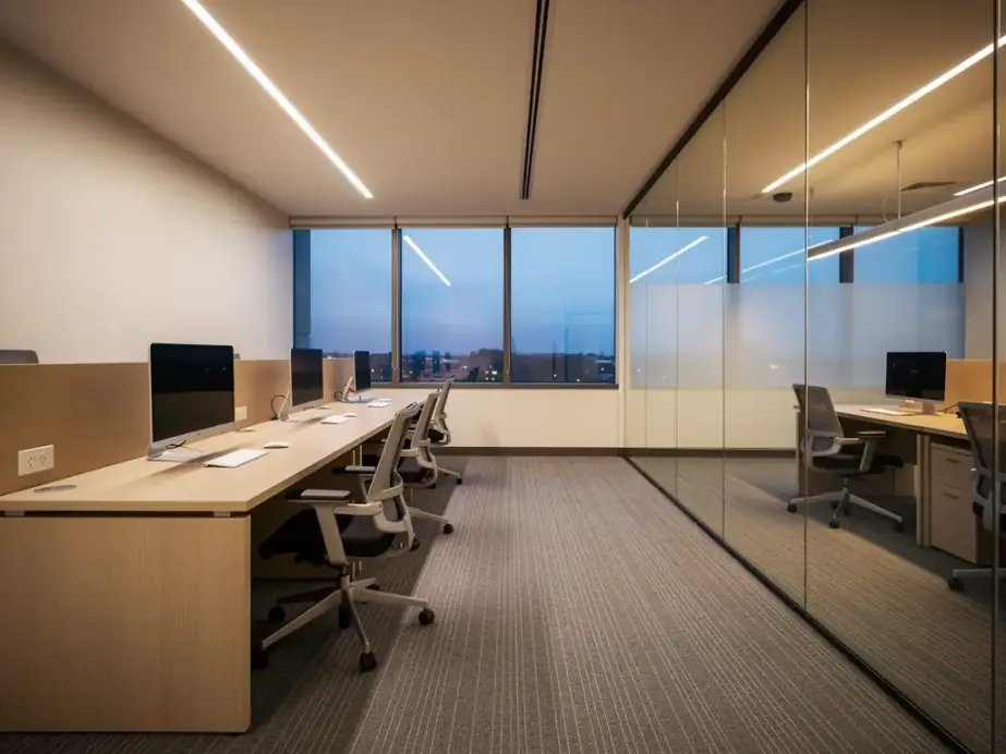 Office suite after hours with cleared desks and fresh vacuum lanes on the carpet